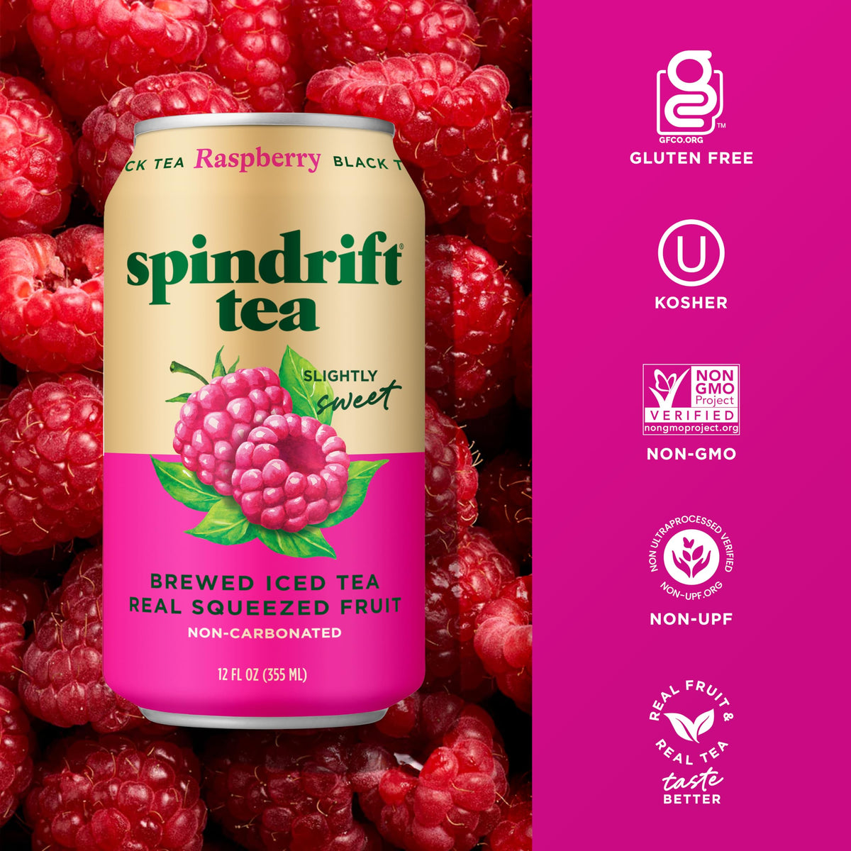 Display of a 12-pack of Spindrift Raspberry Black Tea cans