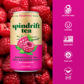 Display of a 12-pack of Spindrift Raspberry Black Tea cans