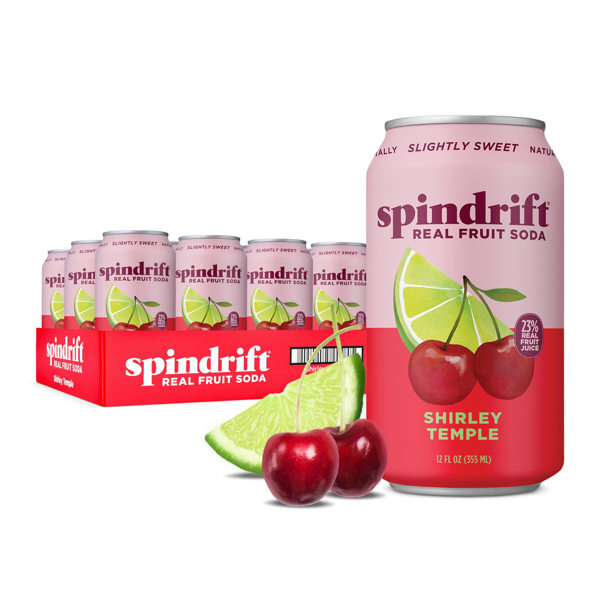 Spindrift Shirley Temple Cherry Citrus bottle shows real fruit flavor for a refreshing sip.