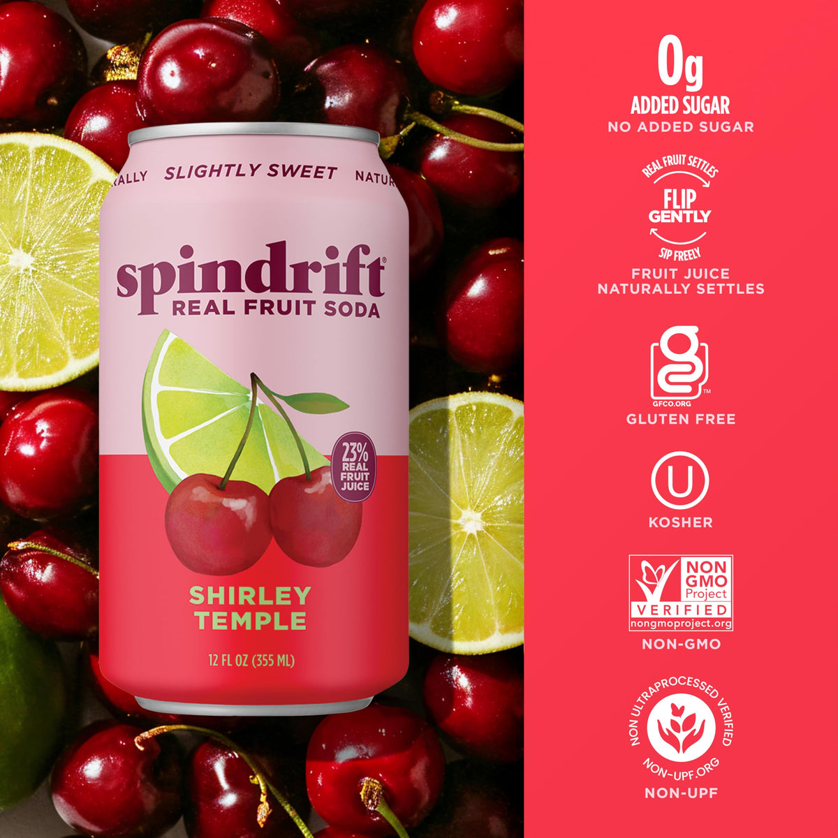 Spindrift Shirley Temple Cherry Citrus cherry garnish enhances a festive non-alcoholic option.