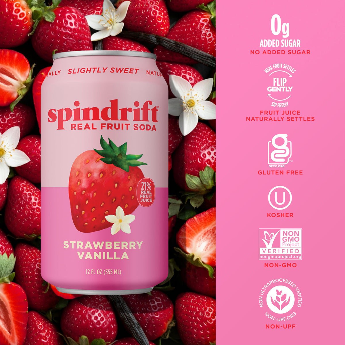 Spindrift 12-pack case on shelf showcases gluten-free, non-GMO beverage with clean ingredients