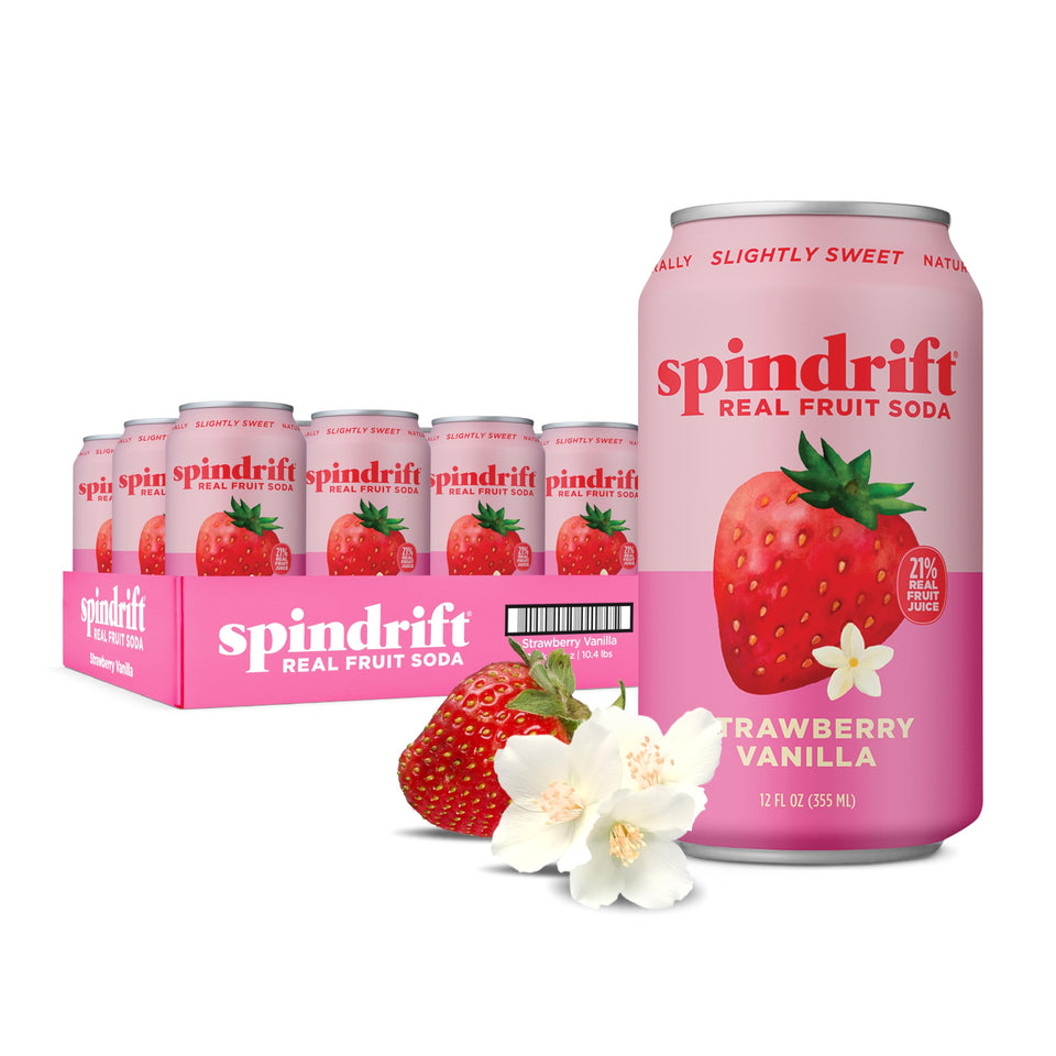 Spindrift Strawberry Shortcake can close-up shows real fruit flavor with no added sugar