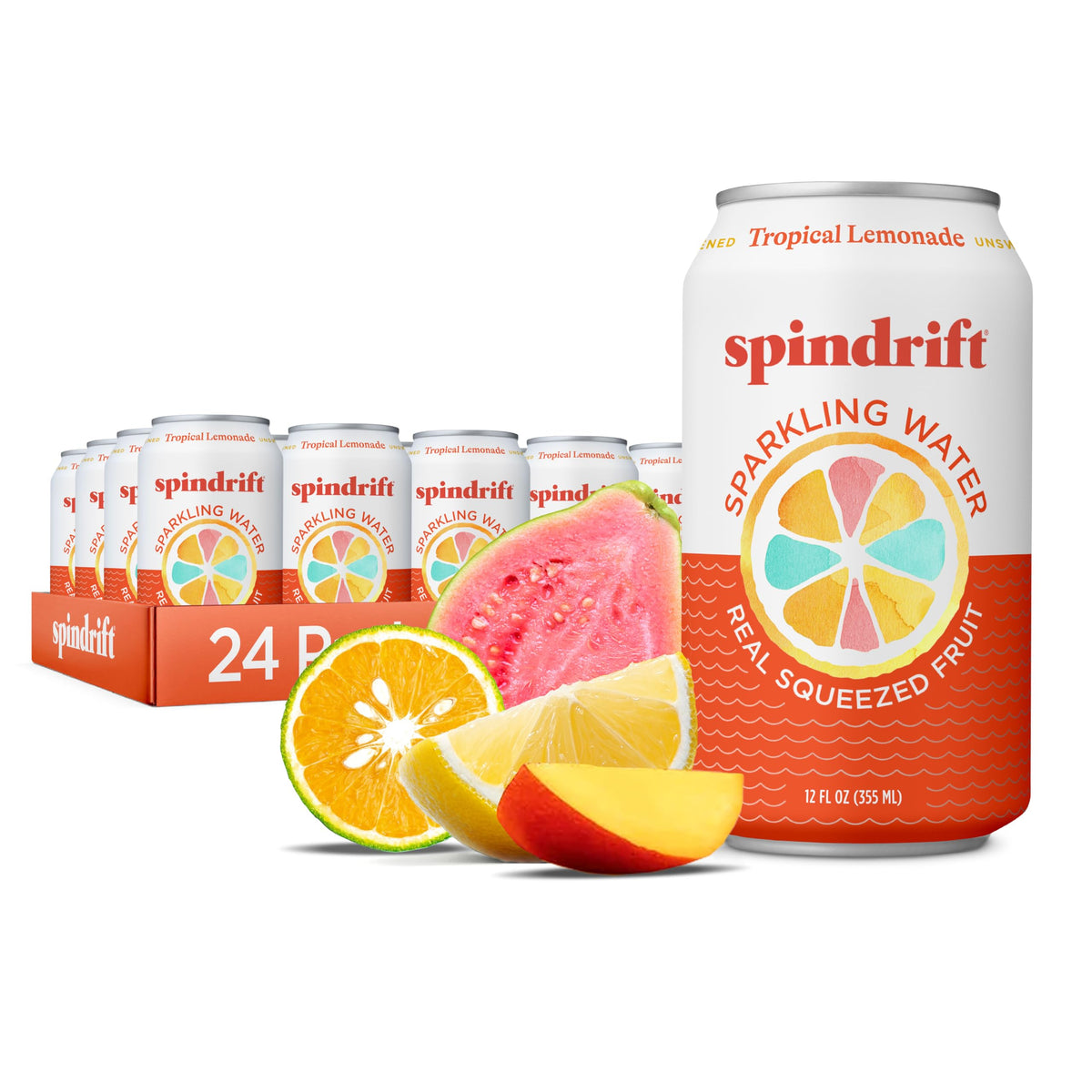 Spindrift Tropical Lemonade close-up shows real fruit juice
