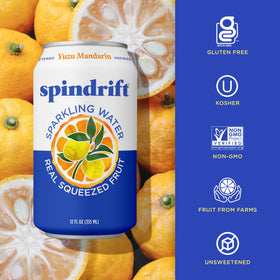 Spindrift Yuzu Mandarin with mandarin slices emphasizes real fruit juice content.