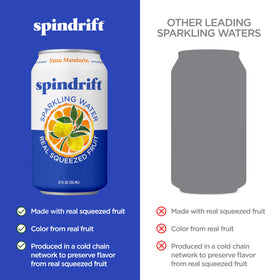 Spindrift Yuzu Mandarin label close-up highlights clean ingredients and no added sugar.