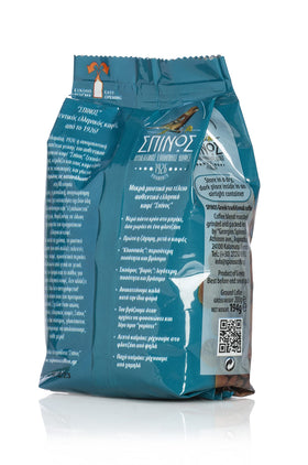 Spinos Greek coffee grounds in a briki for a bold, aromatic brew.