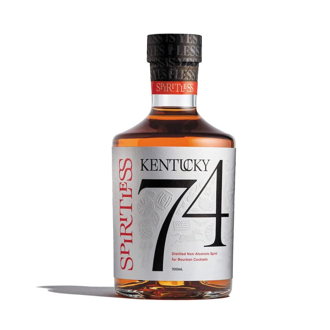 Spiritless Kentucky 74 bottle close-up showing caramel and vanilla ideal for cocktails.