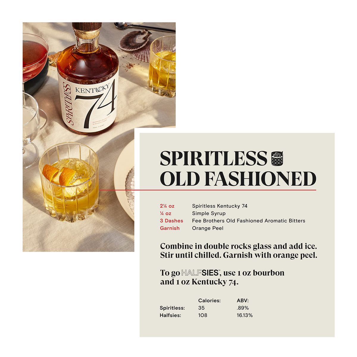 Spiritless Kentucky 74 bottle beside a shaker ready for Old Fashioned.