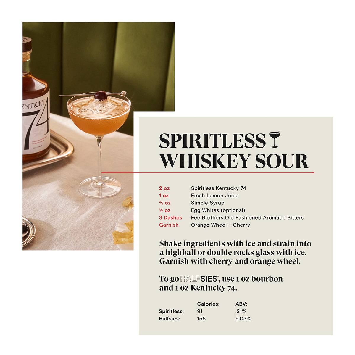 Spiritless Kentucky 74 on a bar with herbs for mocktail layering.