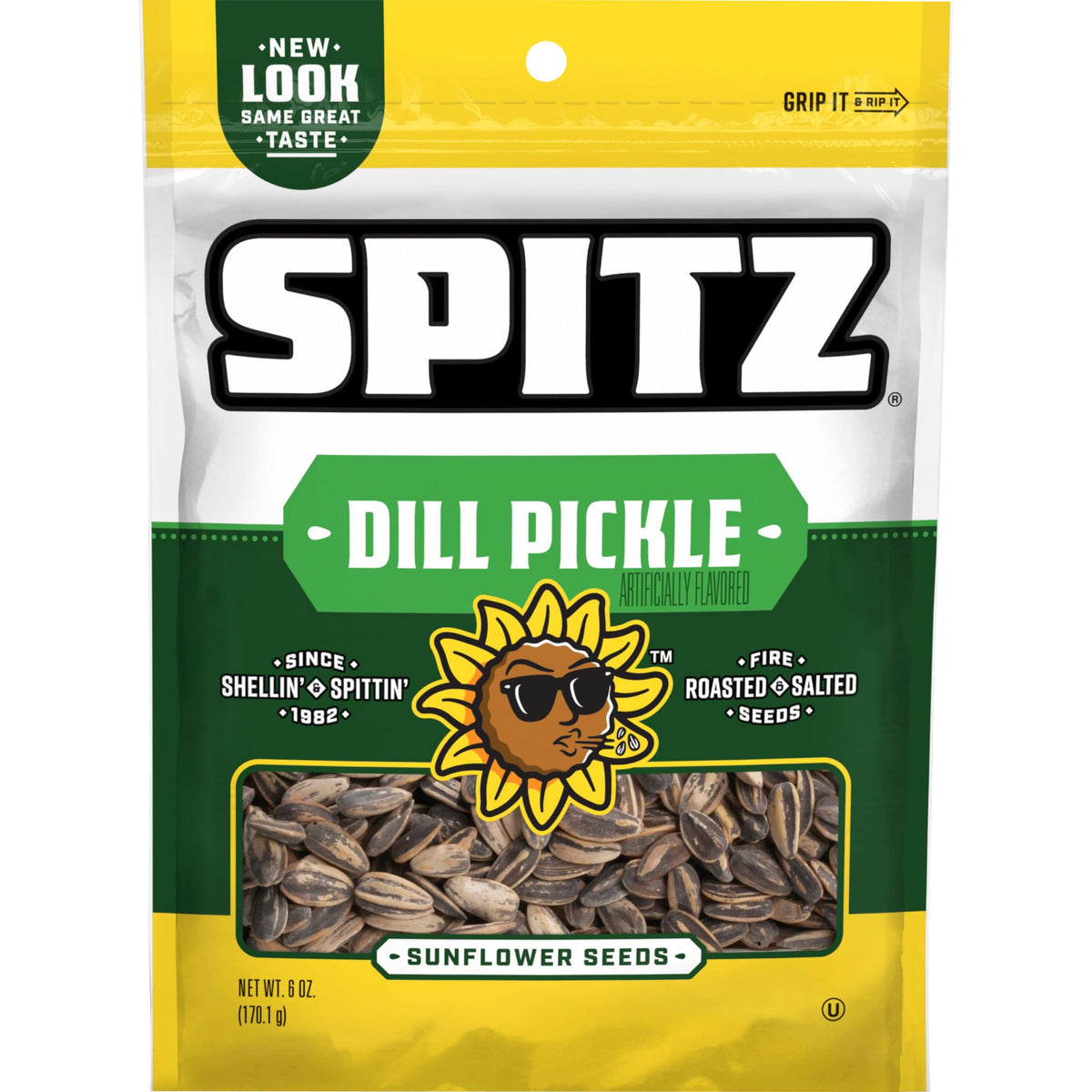 Spitz Dill Pickle sunflower seeds bag front view, ideal for a quick, flavorful snack.