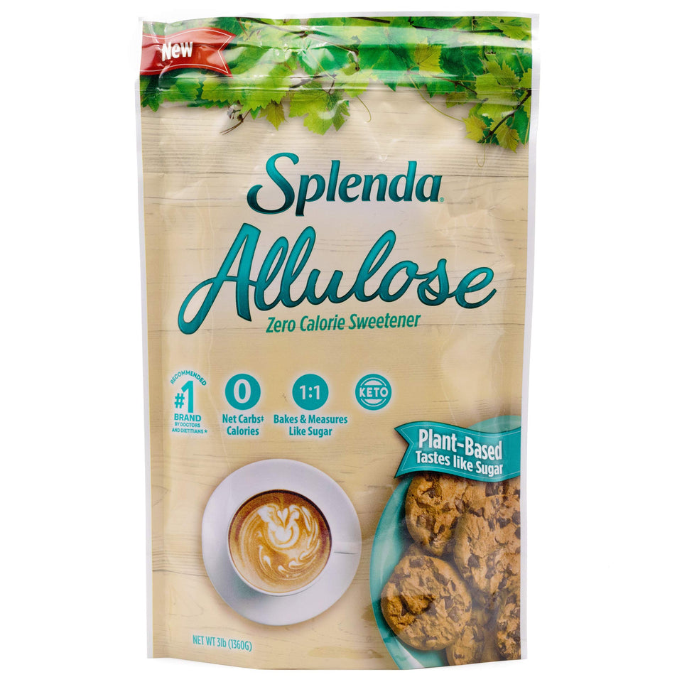 SPLENDA Allulose 3lb pouch closeup showing resealable packaging and sugar-like sweetness.