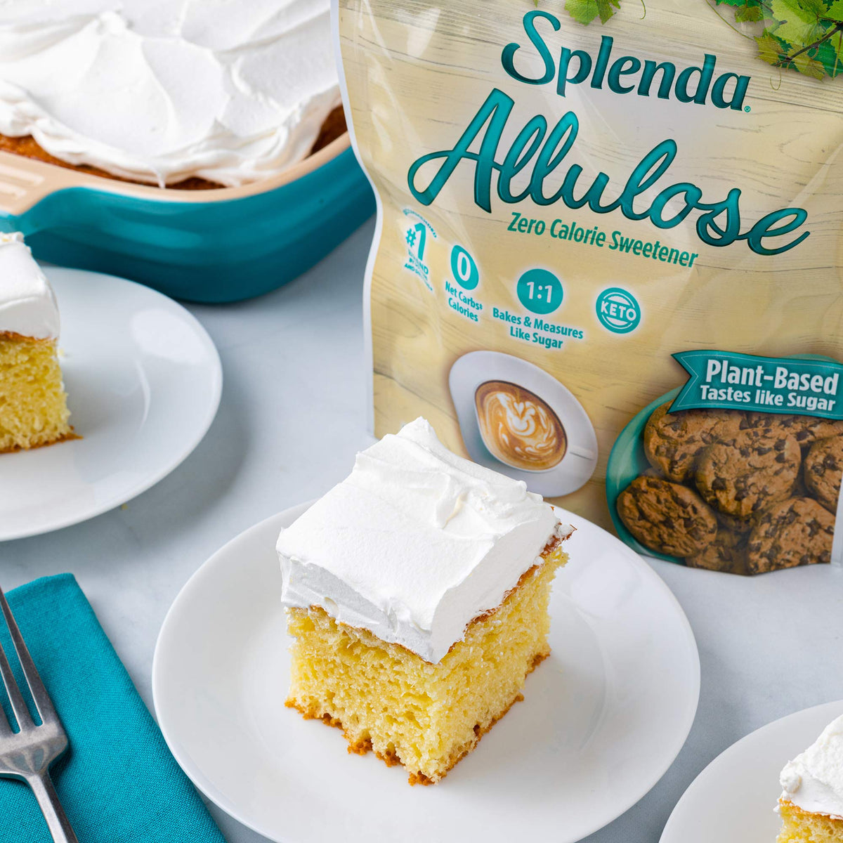 SPLENDA Allulose plant-based sweetener sits beside natural ingredients.