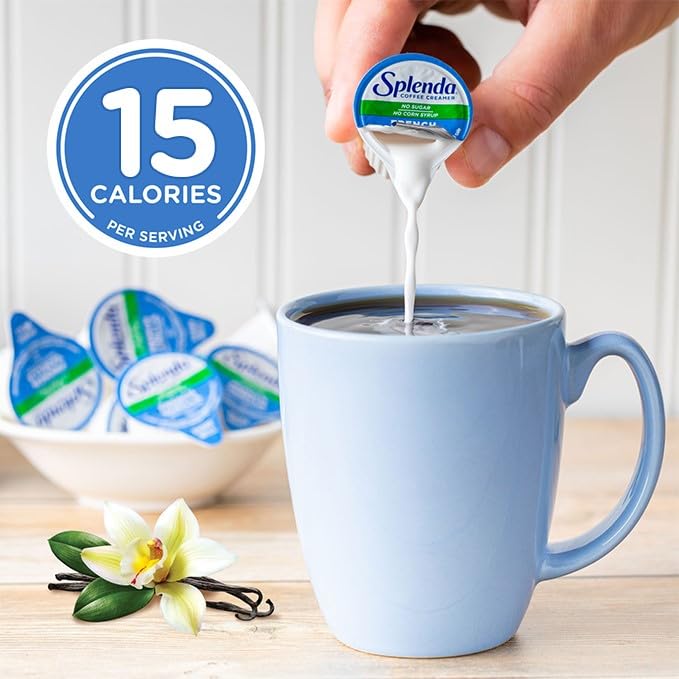 SPLENDA single-serve cups stacked for long-lasting shelf-stable use.