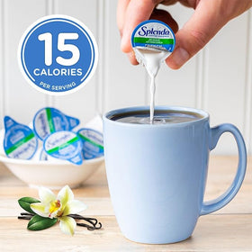 SPLENDA single-serve cups stacked for long-lasting shelf-stable use.