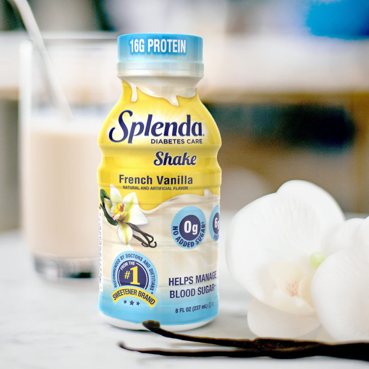Close-up of SPLENDA Diabetes Care Shakes label highlighting no added sugar