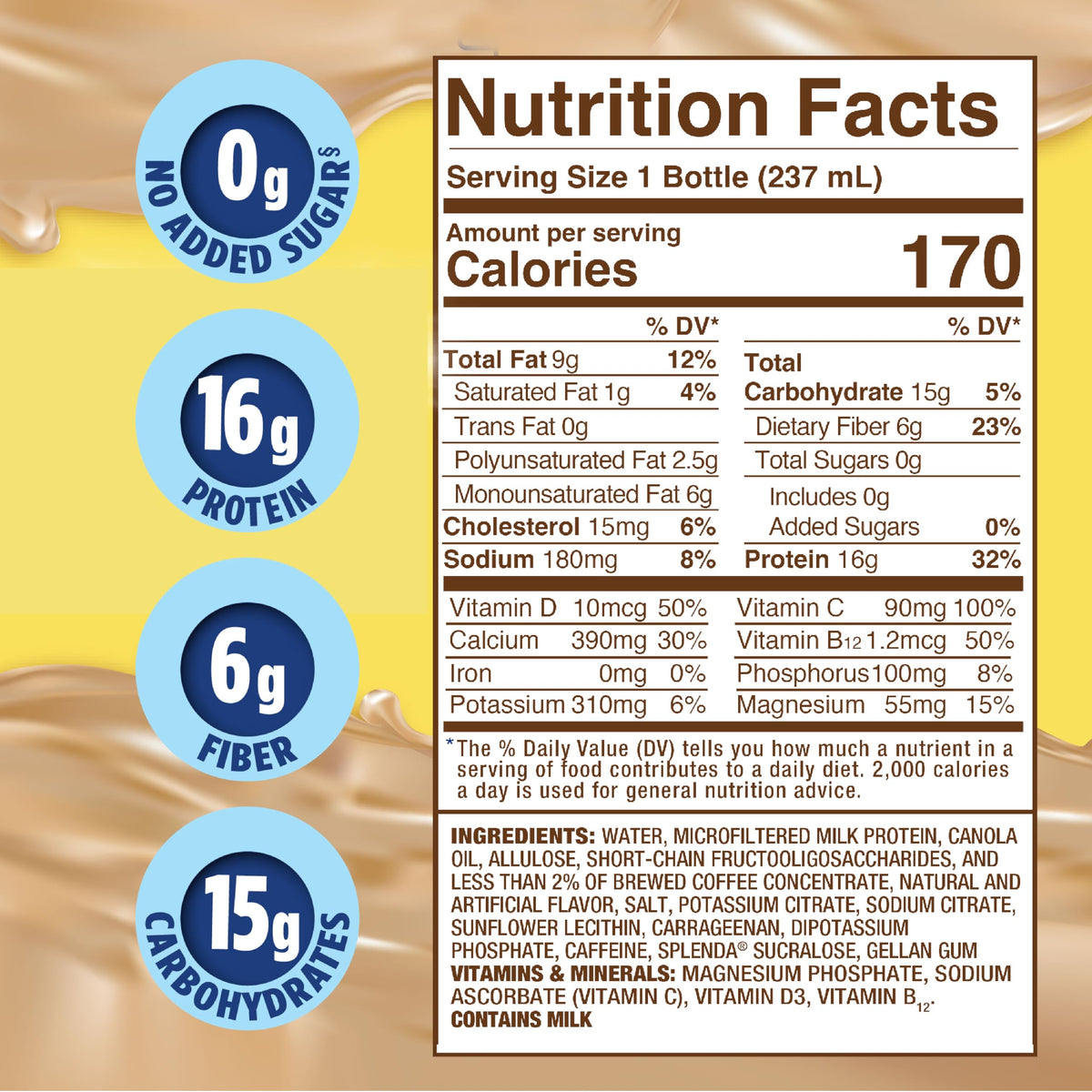 Close-up of SPLENDA shake label showing no added sugar and protein.