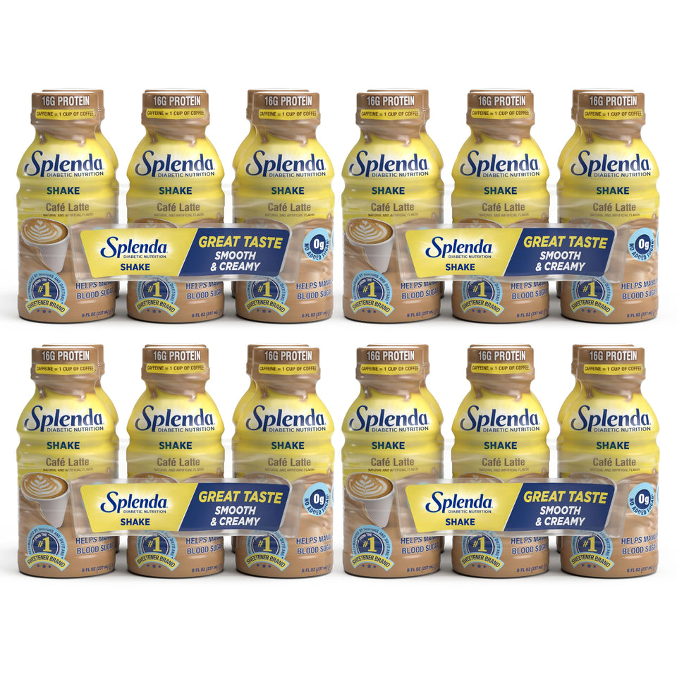 SPLENDA Diabetes Nutrition Shake Café Latte packaging, convenient 24-pack for on the go.