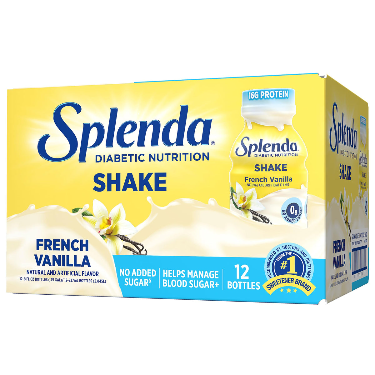 SPLENDA Diabetes Nutrition Shakes French Vanilla bottle shows creamy texture for a balanced meal