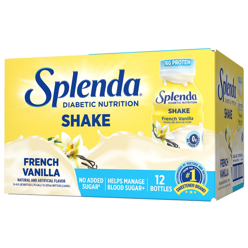SPLENDA Diabetes Nutrition Shakes French Vanilla bottle shows creamy texture for a balanced meal