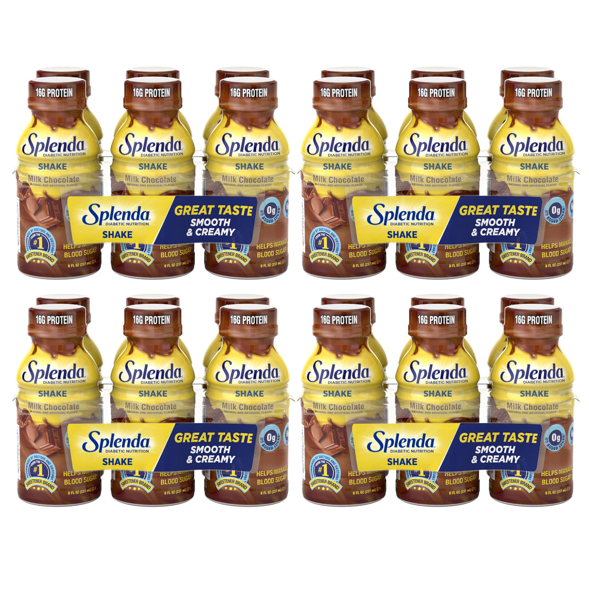 SPLENDA Diabetes Nutrition Shakes bottle of Milk Chocolate with creamy texture for meal replacement.