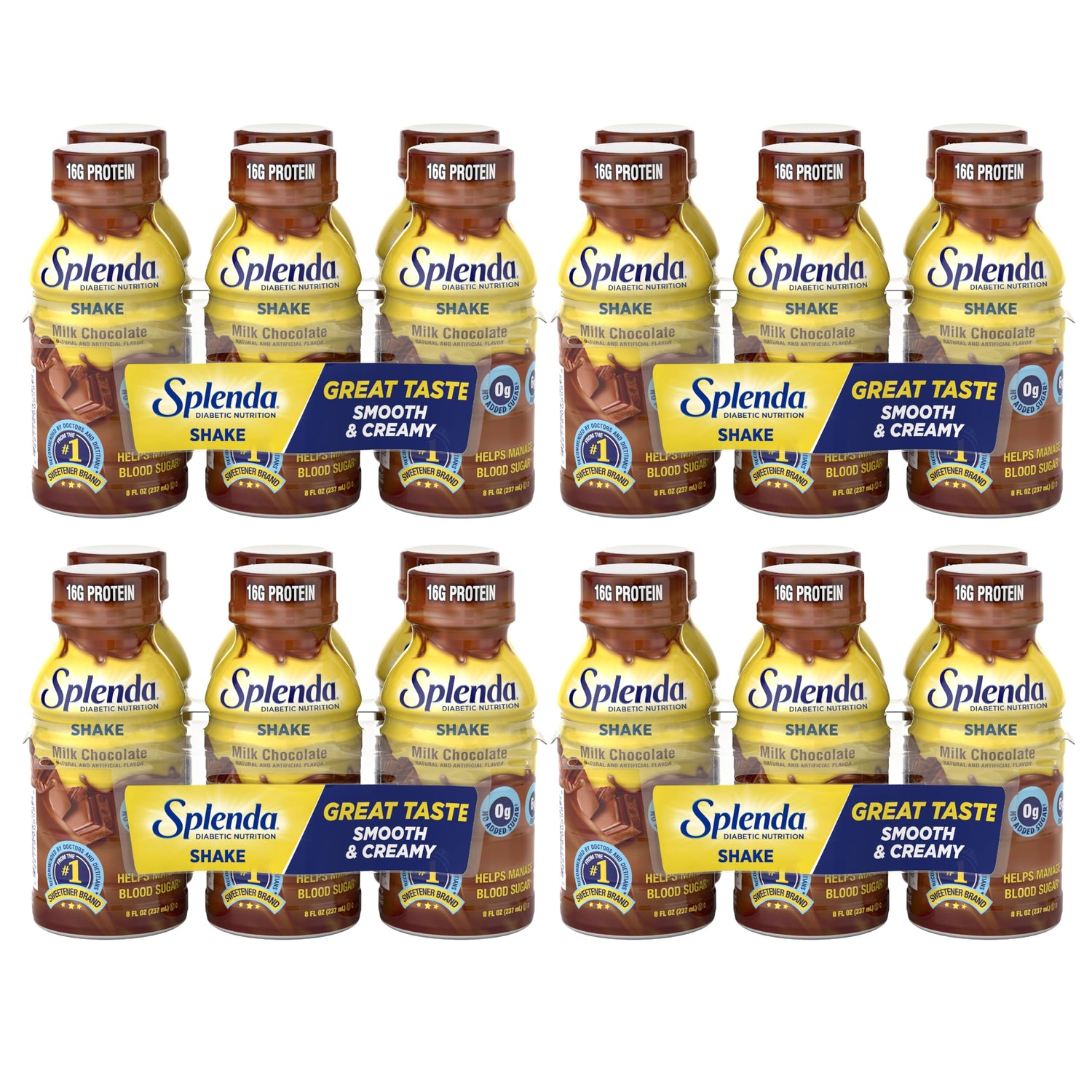 SPLENDA Diabetes Nutrition Shakes bottle of Milk Chocolate with creamy texture for meal replacement.