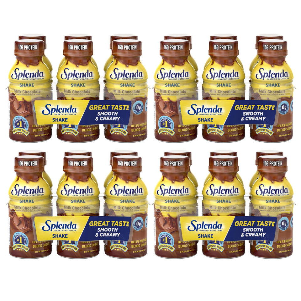 SPLENDA Diabetes Nutrition Shakes bottle of Milk Chocolate with creamy texture for meal replacement.