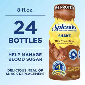 SPLENDA Diabetes Nutrition Shakes milk chocolate flavor with shake on countertop.