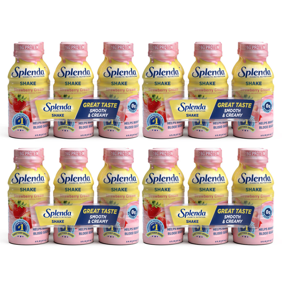 SPLENDA Diabetes Nutrition Shakes Strawberry Cream bottle promotes balanced nutrition for busy days.