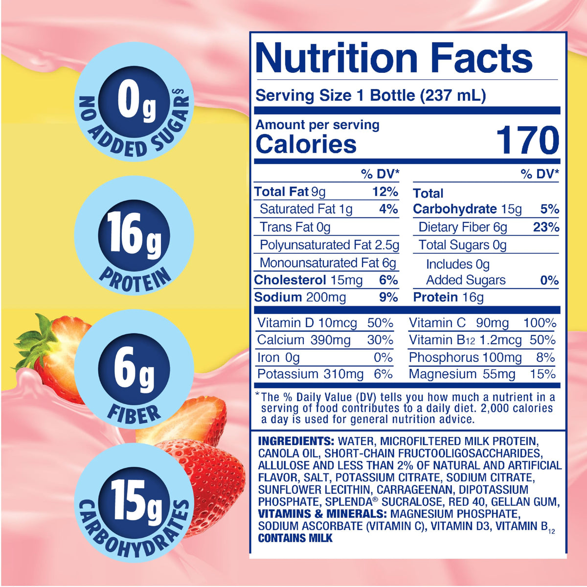 Close-up of SPLENDA Strawberry Cream shake label highlighting protein and fiber.