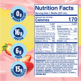 Close-up of SPLENDA Strawberry Cream shake label highlighting protein and fiber.