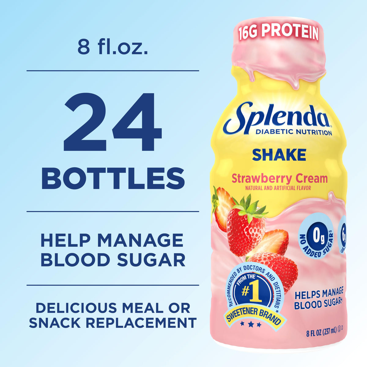 Pack of 24 SPLENDA Diabetes Nutrition Shakes on the shelf for convenient meals.