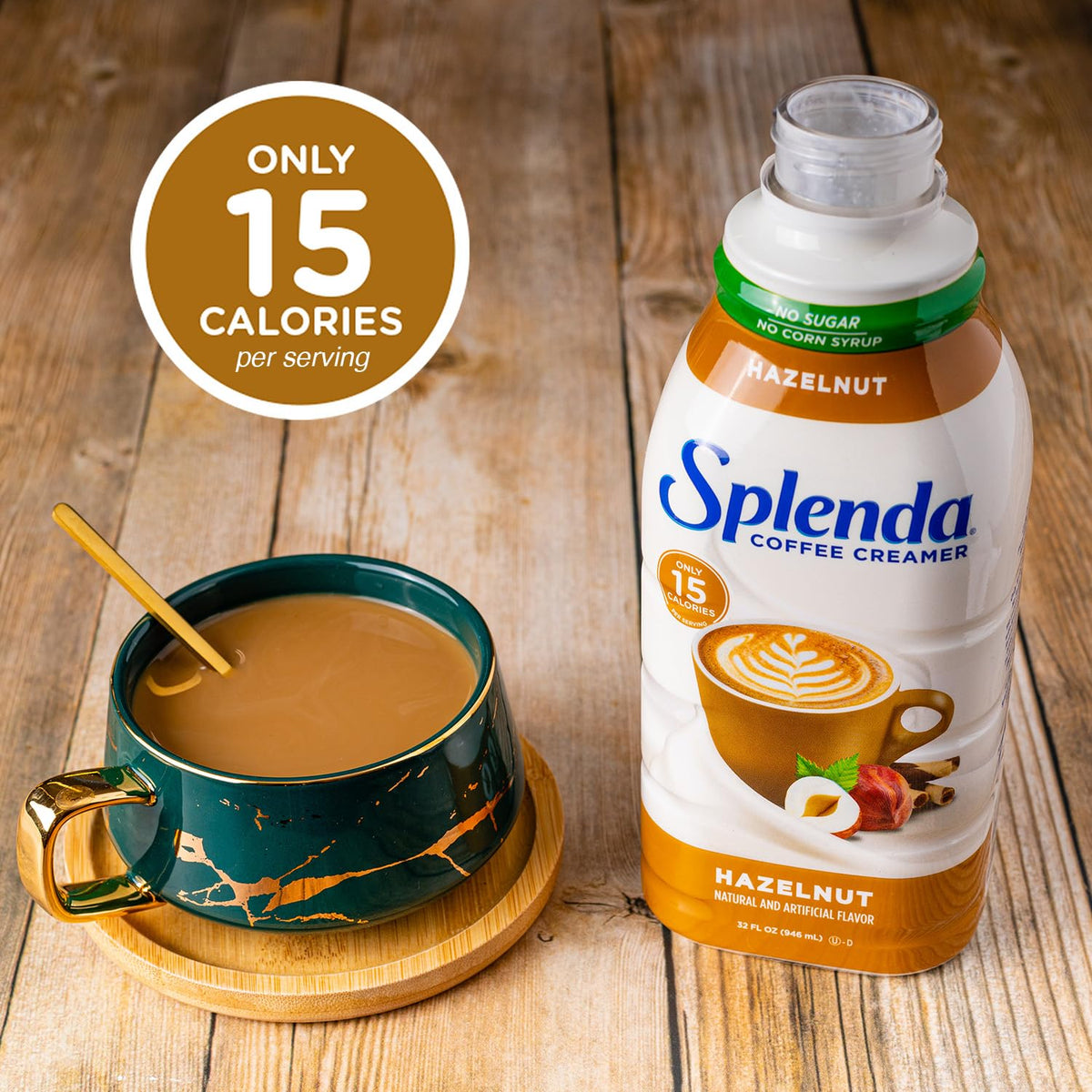 SPLENDA Hazelnut creamer label close-up emphasizing gluten-free and lactose-free formula.