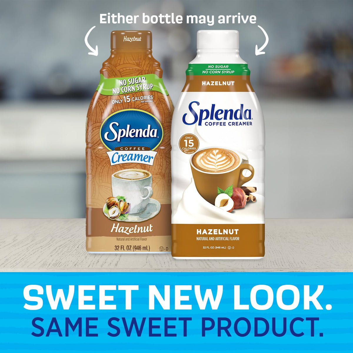 SPLENDA Hazelnut creamer being poured into coffee for a rich, sugar-free sip.