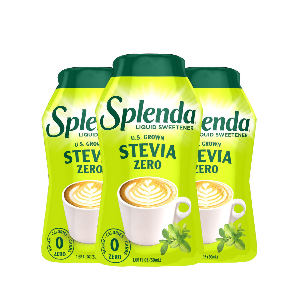 SPLENDA liquid drops bottle pour provides zero-calorie sweetness for beverages.