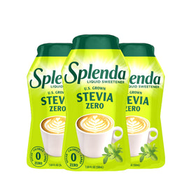 SPLENDA liquid drops bottle pour provides zero-calorie sweetness for beverages.