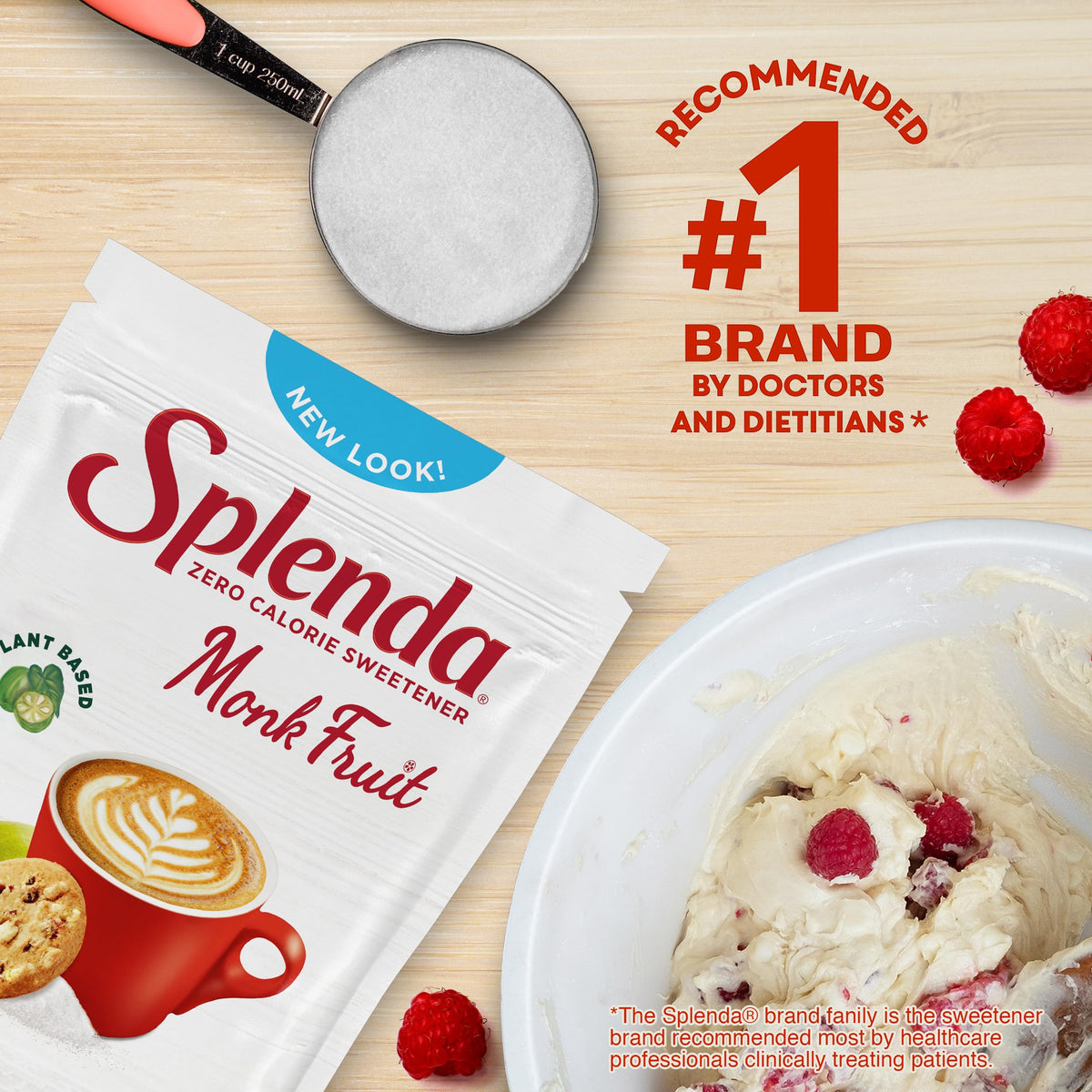 Splenda Monk Fruit being stirred into coffee for a calories-free flavor.
