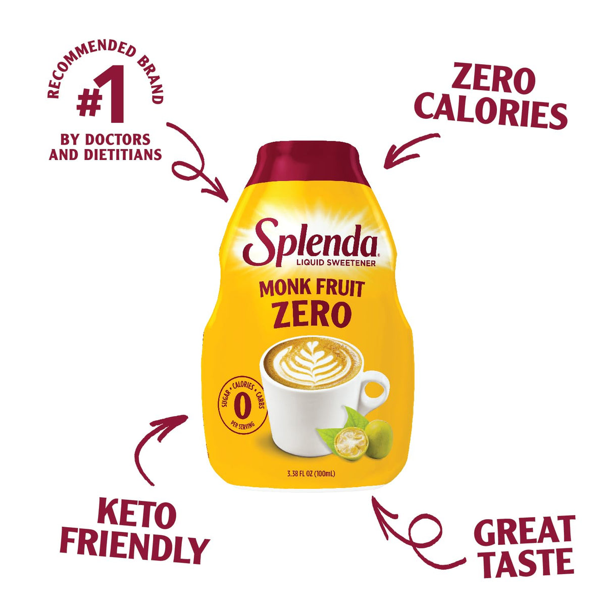 SPLENDA Monk Fruit Liquid Drops dropper close-up highlighting precise sweetening control.
