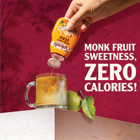 SPLENDA Monk Fruit Liquid Drops label highlights zero calories and shelf-stable storage.