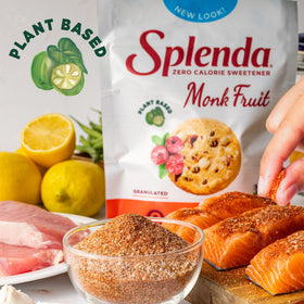 Close-up of Splenda Monk Fruit packaging highlighting resealable bag.