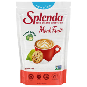 Splenda Monk Fruit Zero Calorie bag shown for kitchen-friendly cup-for-cup sweetness.