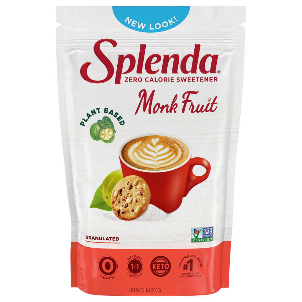 Splenda Monk Fruit Zero Calorie bag shown for kitchen-friendly cup-for-cup sweetness.