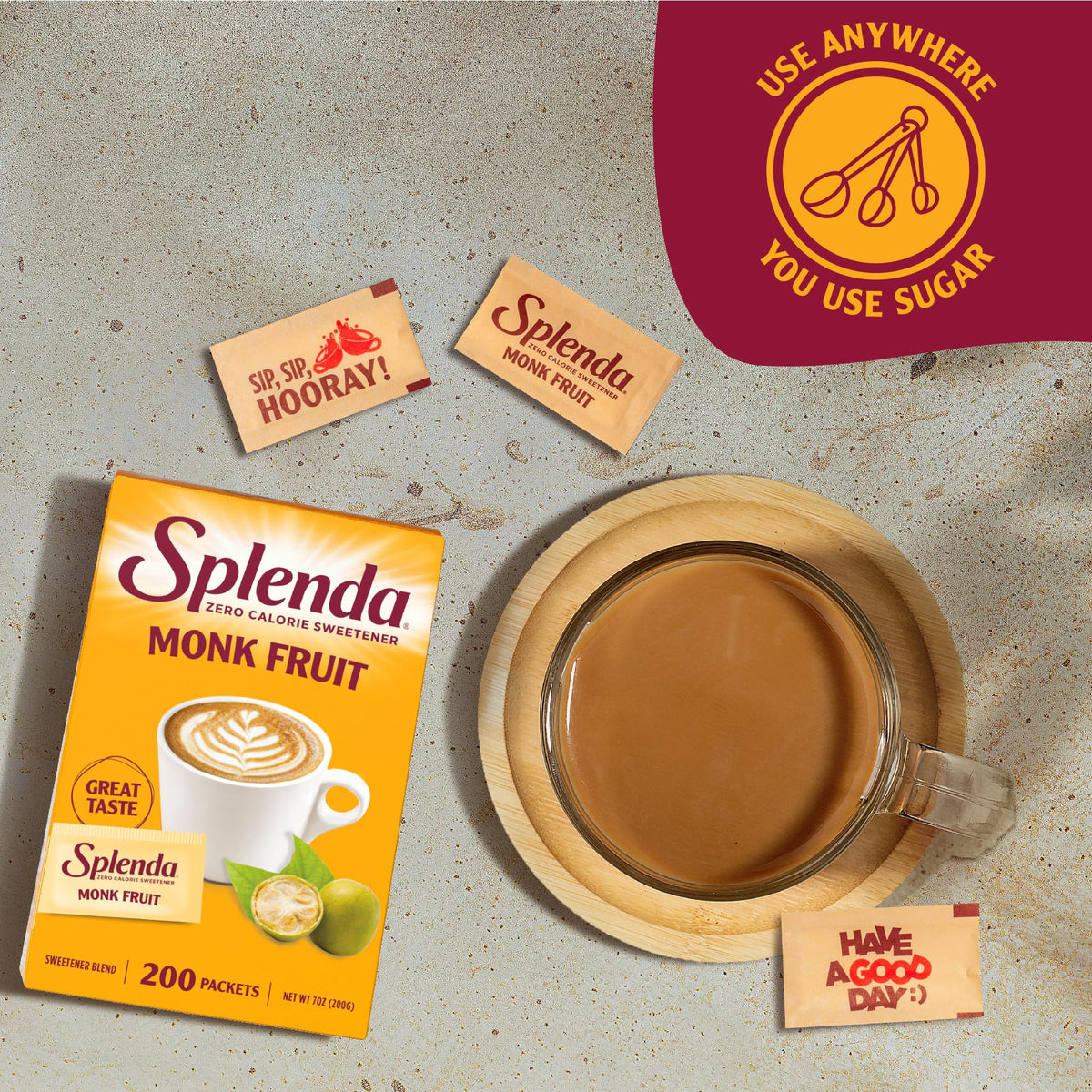 SPLENDA Monk Fruit on coffee and tea for sugar-free flavor