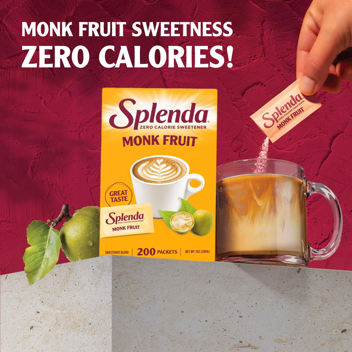 SPLENDA Monk Fruit zero calorie bottle in kitchen setup