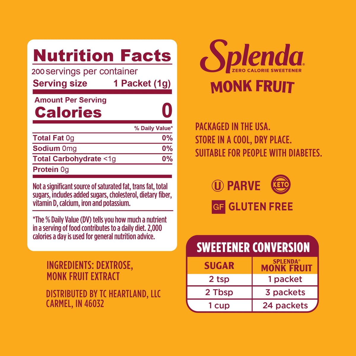 SPLENDA Monk Fruit packets on display for sugar-free baking