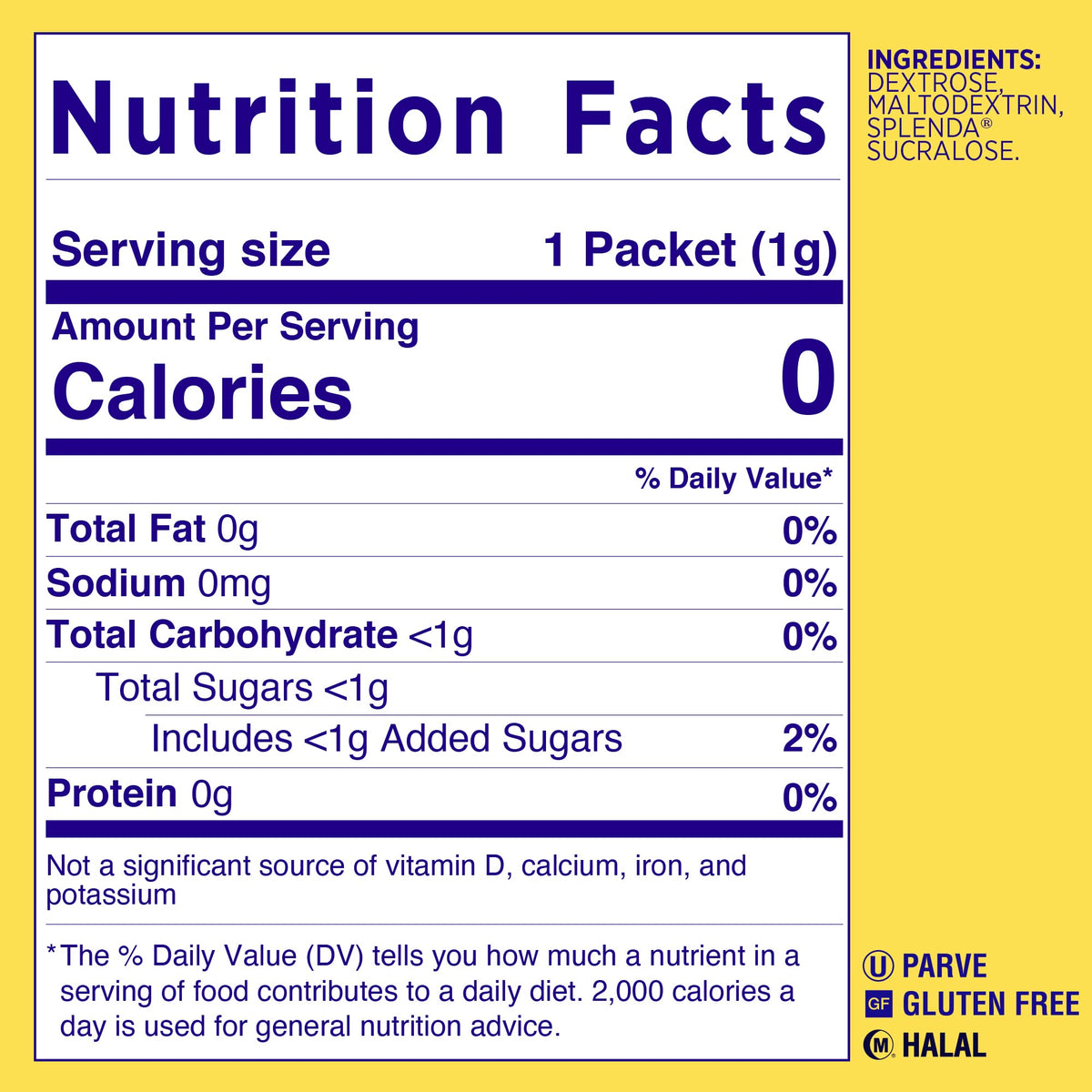 SPLENDA original flavor packet on table for tea and cereal use