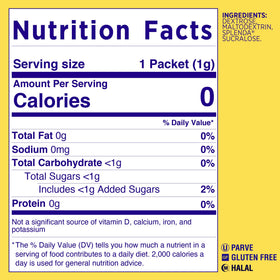 SPLENDA original flavor packet on table for tea and cereal use