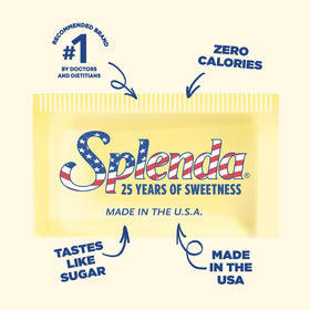 SPLENDA packets beside a coffee cup highlighting quick sugar-free sweetness.