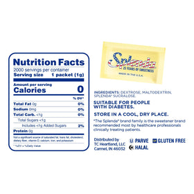 SPLENDA packets used in tea for low-calorie flavor enhancement.