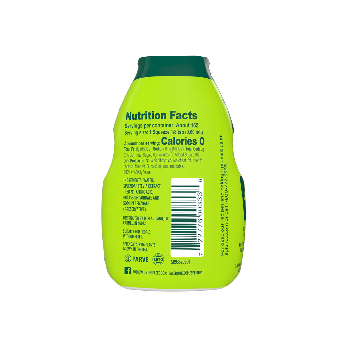 SPLENDA Stevia Liquid Drops label closeup highlights zero calorie formula