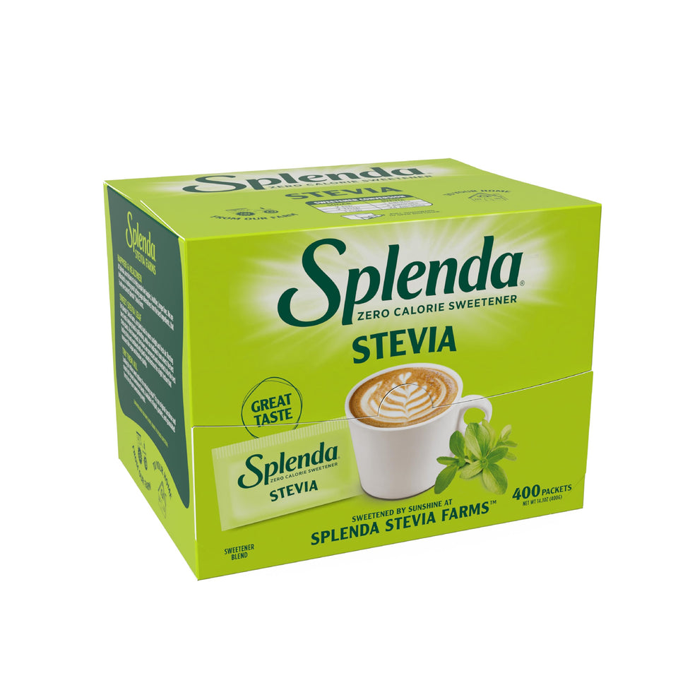 SPLENDA Stevia packets packaging closeup showing zero calorie sweetness
